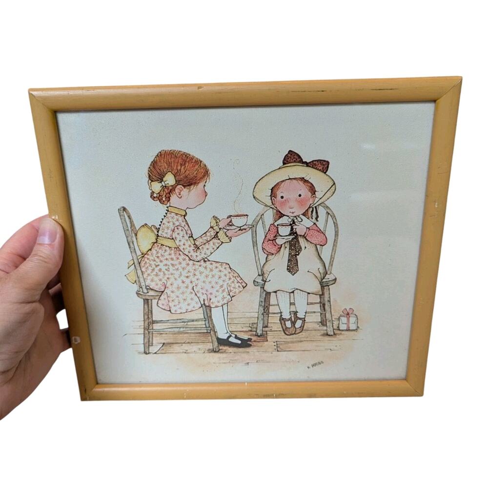 Vintage Framed Holly Hobbie Print Girls Drinking Tea 9" x 10"
